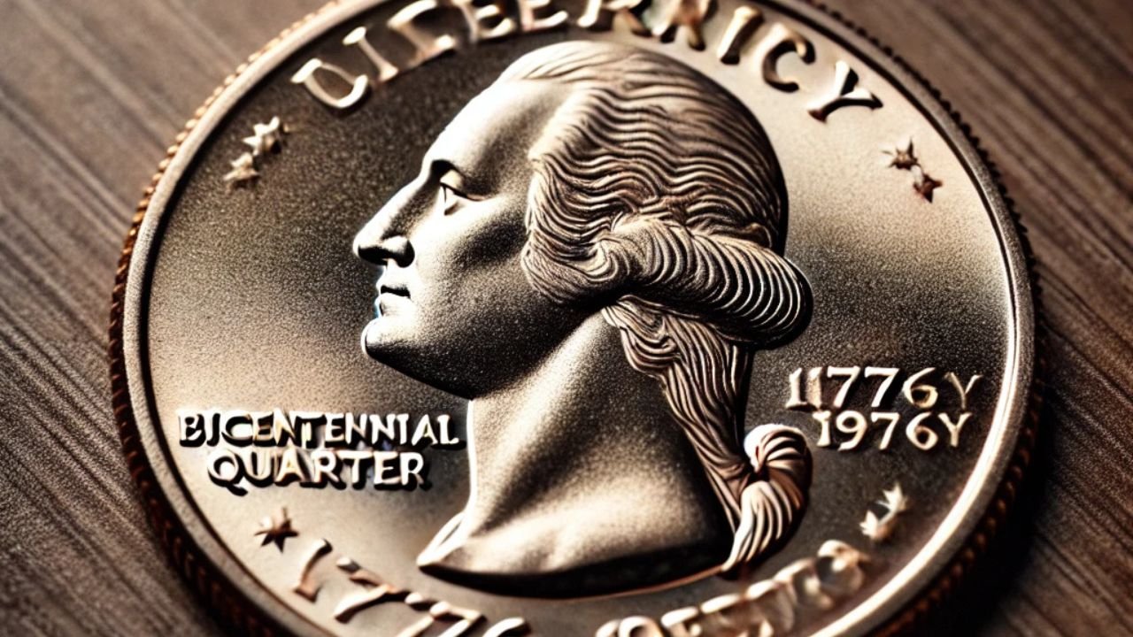 A close-up of a rare Bicentennial quarter.